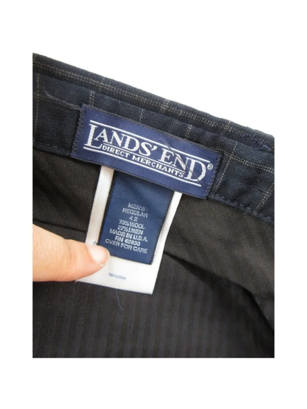 VGT Lands End Pants 42 Navy Wool Linen Check Pleated Trousers USA NEW
